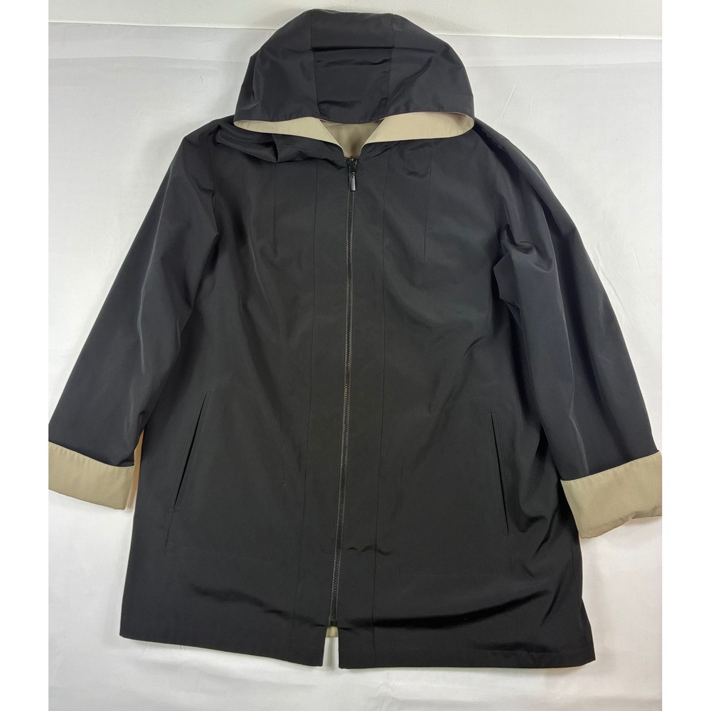 Gallery Woman Reversible Hooded Rain Jacket Womens 1X Black Khaki Tan Zip Coat